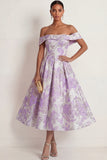 Lilac Jacquard Floral A Line Off the Shoulder Long Formal Dress