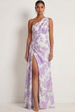Lilac Satin Floral Mermaid One Shoulder Long Formal Dress with Slit