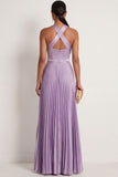 Lilac Satin A Line Halter Neck Pleated Long Formal Dress
