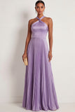 Lilac Satin A Line Halter Neck Pleated Long Formal Dress
