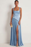 Blue Satin A Line Thick Straps Pleated Long Formal Dress with Slit