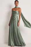 Dusty Sage A Line Satin Ruched Strapless Long Formal Dress with Neck Scarf