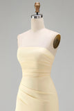 Light Yellow Satin Sheath Ruffled Strapless Ruched Maxi Formal Dress with Slit