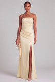 Light Yellow Satin Sheath Ruffled Strapless Ruched Maxi Formal Dress with Slit