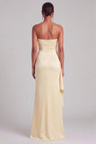 Light Yellow Satin Sheath Ruffled Strapless Ruched Maxi Formal Dress with Slit