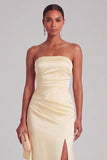 Light Yellow Satin Sheath Ruffled Strapless Ruched Maxi Formal Dress with Slit