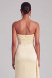 Light Yellow Satin Sheath Ruffled Strapless Ruched Maxi Formal Dress with Slit