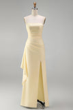 Light Yellow Satin Sheath Ruffled Strapless Ruched Maxi Formal Dress with Slit