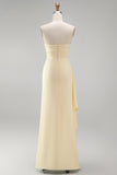 Light Yellow Satin Sheath Ruffled Strapless Ruched Maxi Formal Dress with Slit