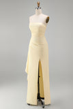 Light Yellow Satin Sheath Ruffled Strapless Ruched Maxi Formal Dress with Slit