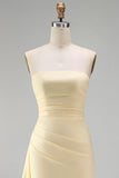 Light Yellow Satin Sheath Ruffled Strapless Ruched Maxi Formal Dress with Slit