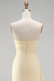 Light Yellow Satin Sheath Ruffled Strapless Ruched Maxi Formal Dress with Slit