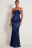 Navy Satin Mermaid Ruffled Strapless Long Formal Dress