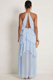 Pink Halter Neck A Line Ruffled Long Formal Dress