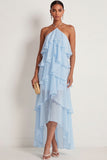 Pink Halter Neck A Line Ruffled Long Formal Dress