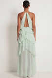 Pink Halter Neck A Line Ruffled Long Formal Dress