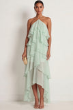 Pink Halter Neck A Line Ruffled Long Formal Dress