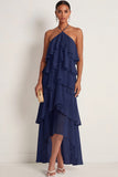 Pink Halter Neck A Line Ruffled Long Formal Dress
