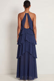 Pink Halter Neck A Line Ruffled Long Formal Dress