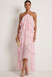 Pink Halter Neck A Line Ruffled Long Formal Dress