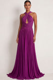 Dark Purple A Line Halter Neck Pleated Chiffon Long Formal Dress