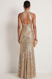 Grey Fuchsia Sparkly Sequined Mermaid Halter Neck Long Formal Dress