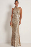 Grey Fuchsia Sparkly Sequined Mermaid Halter Neck Long Formal Dress