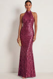 Grey Fuchsia Sparkly Sequined Mermaid Halter Neck Long Formal Dress