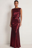 Burgundy Metallic Mermaid Round Neck Long Formal Dress