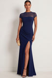 Navy Chiffon Mermaid Illusion Neck Long Formal Dress with Slit
