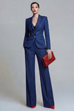 Wide Leg 2 Piece Dark Blue Breasted Notched Lapel Single Business Suits