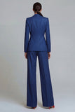 Wide Leg 2 Piece Dark Blue Breasted Notched Lapel Single Business Suits
