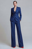 Wide Leg 2 Piece Dark Blue Breasted Notched Lapel Single Business Suits