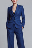 Wide Leg 2 Piece Dark Blue Breasted Notched Lapel Single Business Suits