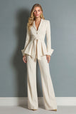 Ivory 2 Piece Wide Leg Peak Lapel Long Business Suits with Sash