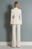 Ivory 2 Piece Wide Leg Peak Lapel Long Business Suits with Sash