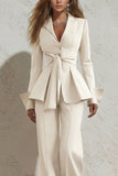 Ivory 2 Piece Wide Leg Peak Lapel Long Business Suits with Sash