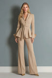 Ivory 2 Piece Wide Leg Peak Lapel Long Business Suits with Sash