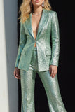 Green Sequin Sparkly 2 Piece Peak Lapel Prom Suits