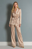 Champagne Satin 2 Piece Wide Leg Peak Lapel Business Suits with Sash