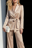 Champagne Satin 2 Piece Wide Leg Peak Lapel Business Suits with Sash
