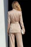 Champagne Satin 2 Piece Wide Leg Peak Lapel Business Suits with Sash