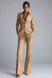 Khaki Peak Lapel 2 Piece Single Breasted Flared Business Suits