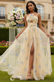 Floral Yellow Spaghetti Straps A-Line Long Prom Dress with Slit
