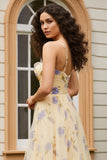 Floral Yellow Spaghetti Straps A-Line Long Prom Dress with Slit