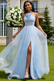 Floral Light Blue Tulle A-Line Long Corset Prom Dress with Slit