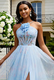 Floral Light Blue Tulle A-Line Long Corset Prom Dress with Slit