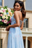 Floral Light Blue Tulle A-Line Long Corset Prom Dress with Slit