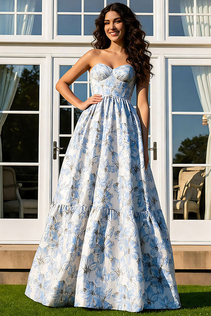 Leely Women Floral Light Blue Sweetheart Long Prom Dress Jacquard