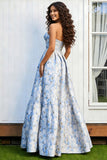 Floral Light Blue Jacquard Strapless A-Line Long Prom Dress